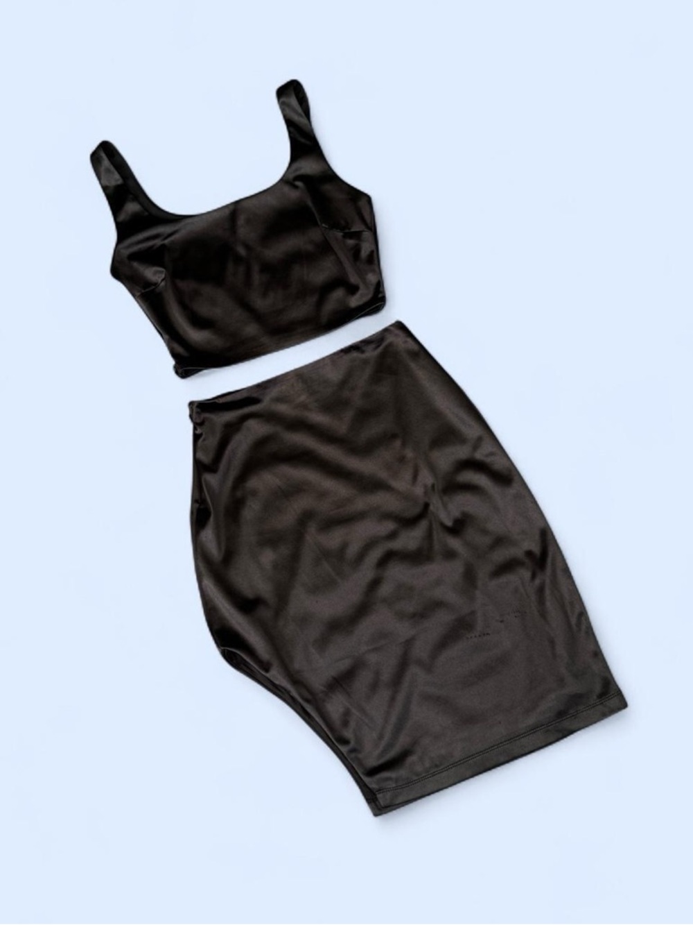 Lulu’s Sleek Black Satin Crop Top and Pencil Skirt Set